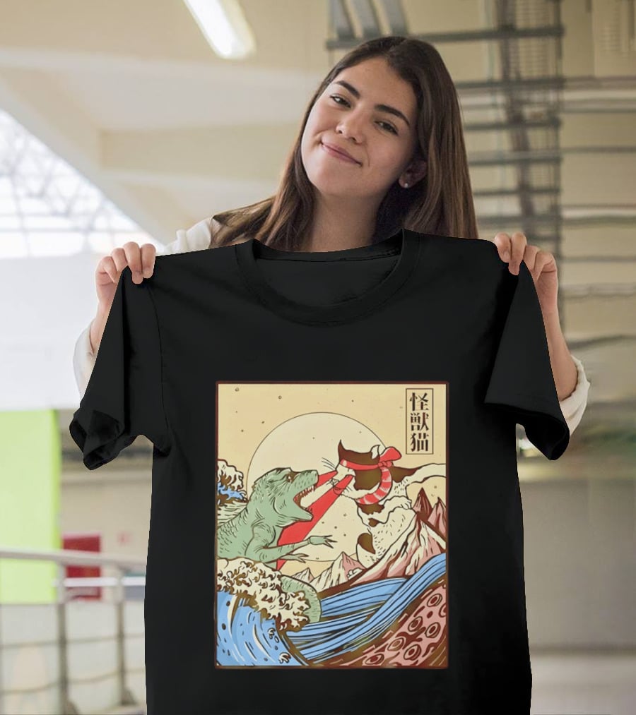 Japanese Great Wave Cat Vs Monster Classic Kaiju T-Shirt
