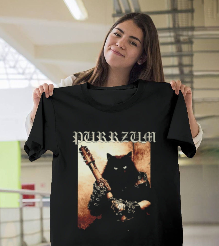 Purrzum Cat Black Metal Aesthetic Feline Holding Guitar T-Shirt