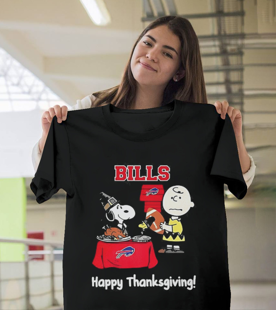 Snoopy And Charlie Brown Celebrate Buffalo Bills Happy Thanksgiving T-Shirt