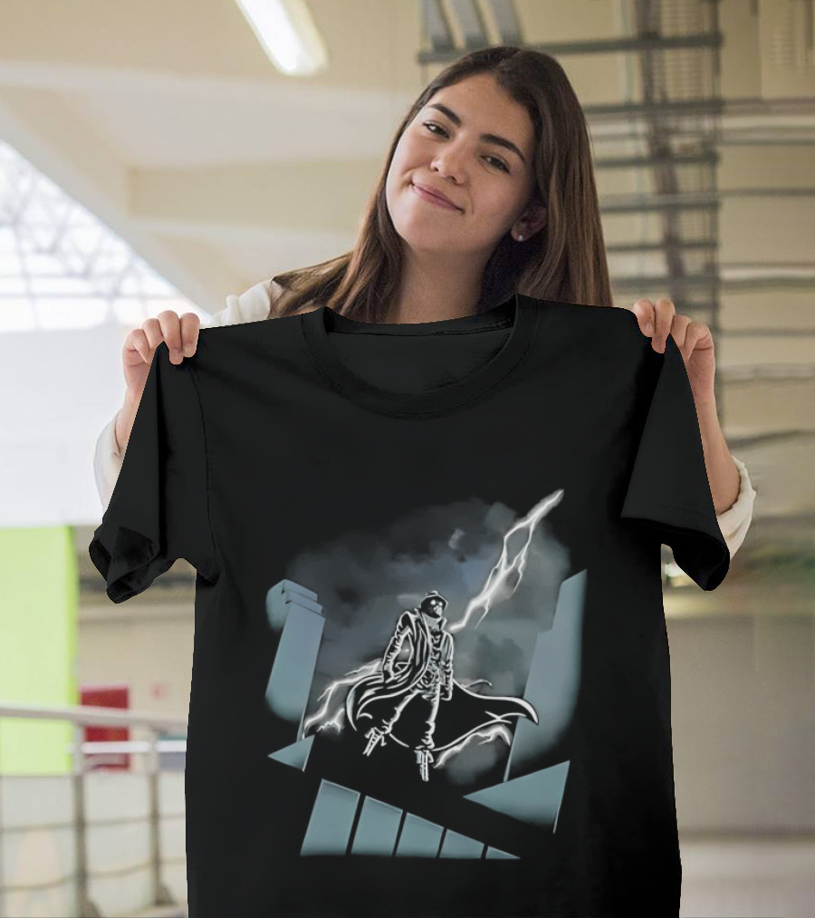 Spider Man Noir X Batman The Animated Series Noir Crossover With Light Burst And Gotham City Skyline T-Shirt