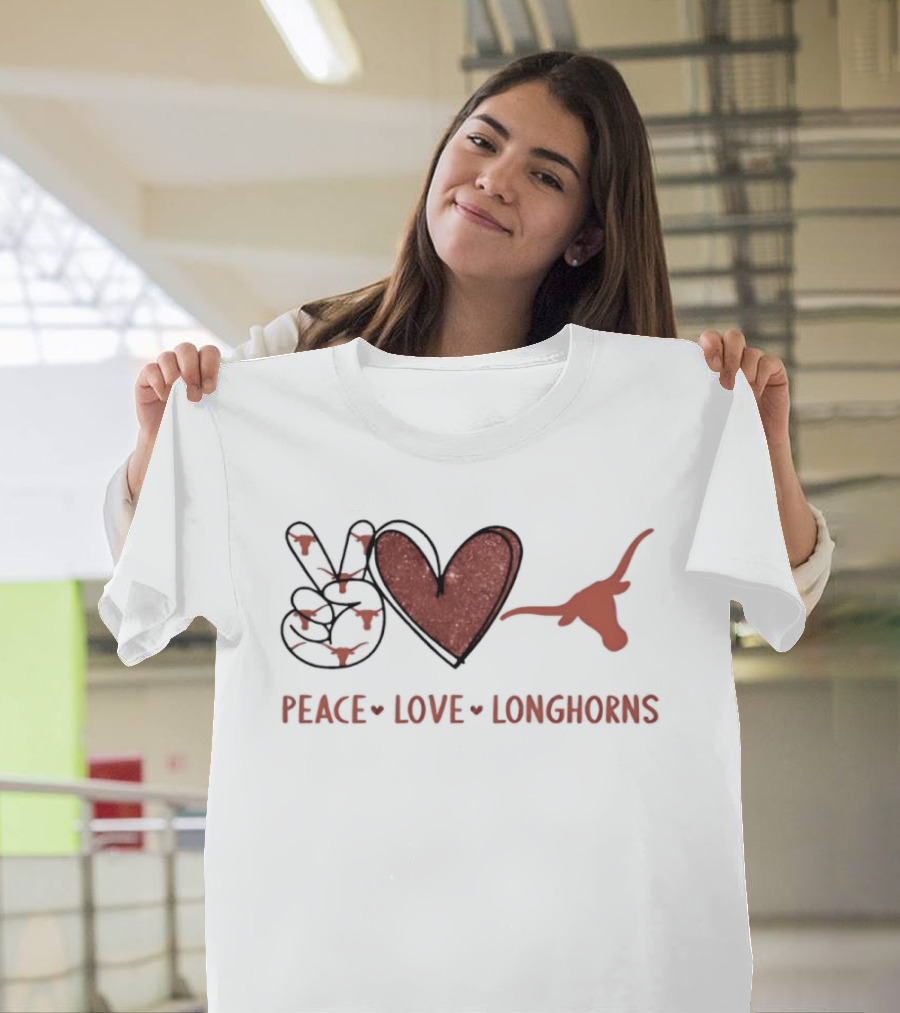 Peace Love Longhorns Hand Sign Heart Shape Texas Longhorns T-Shirt
