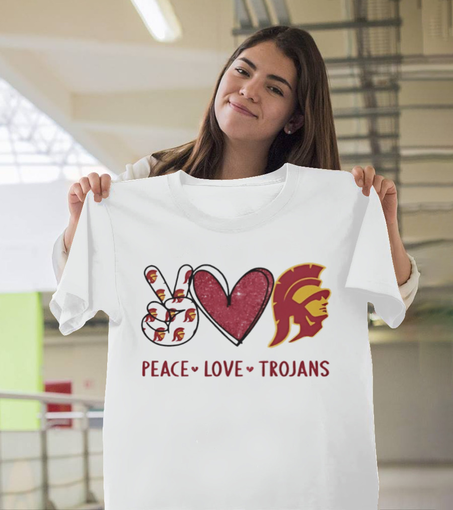USC Trojans Peace Love Hand Sign Heart Shape T-Shirt