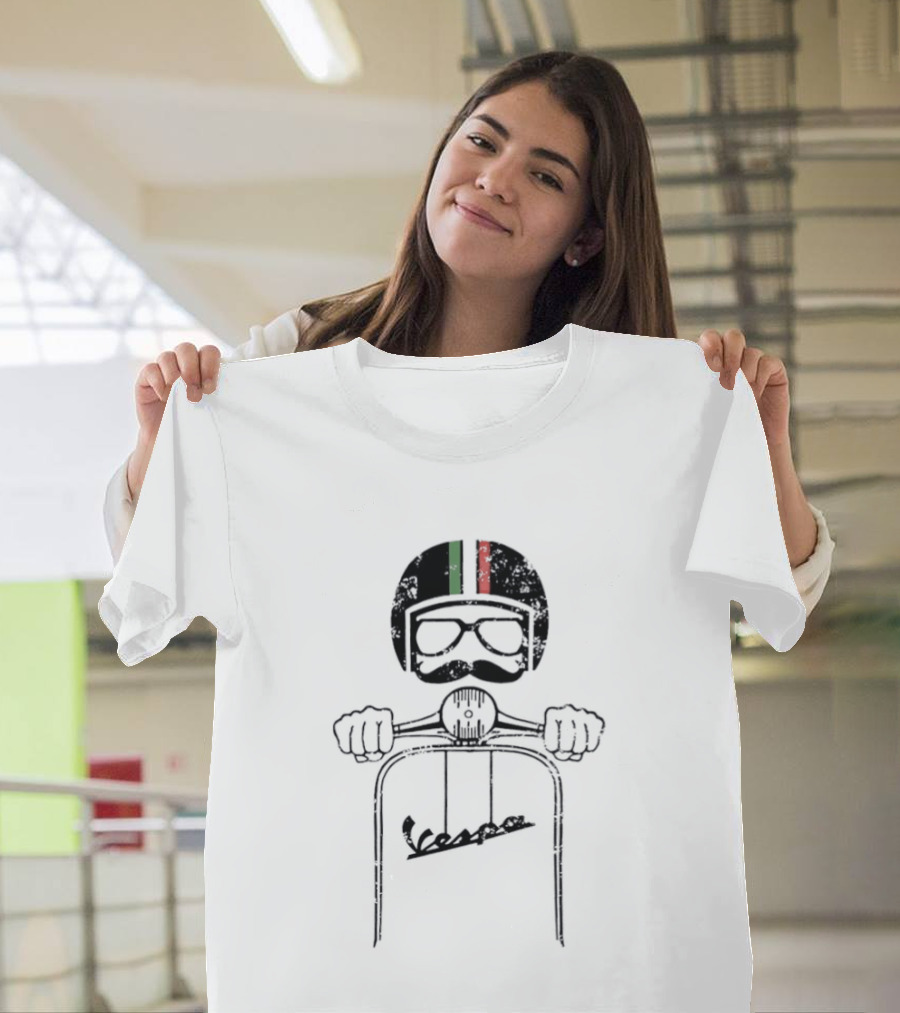 Vespa Piaggio Hipster Distressed Helmet With Italian Flag And Mustache T-Shirt