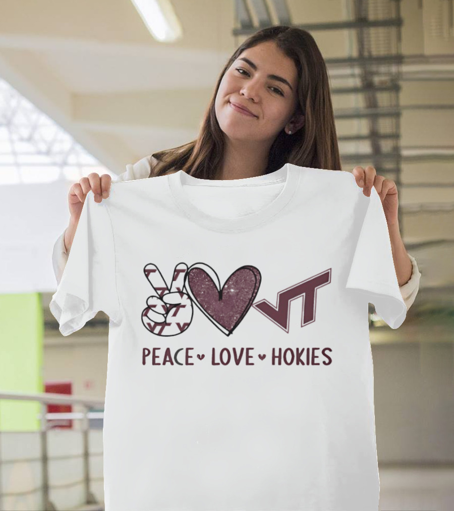 Peace Love Hokies VT Hand Sign Heart Shape Virginia Tech Football T-Shirt