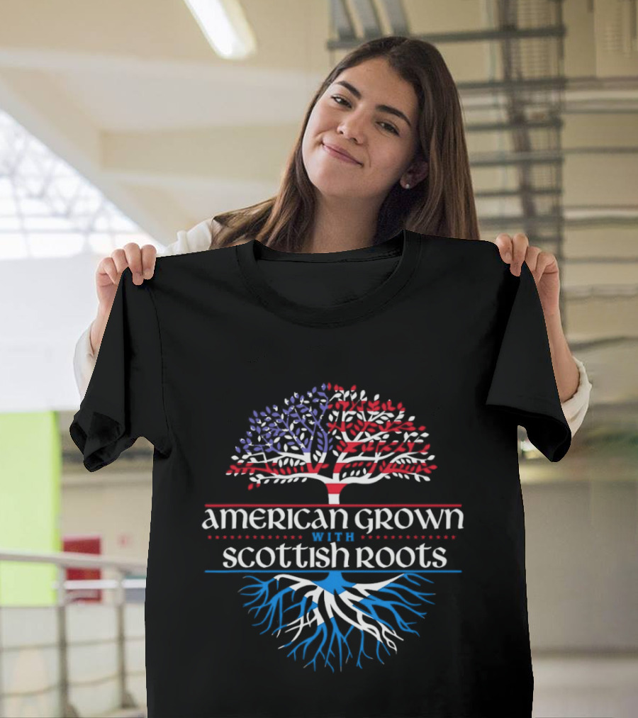 American Grown With Scottish Roots Tree American Flag Scotland Flag T-Shirt