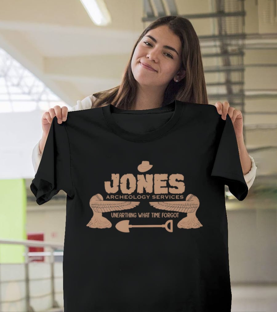 Jones Archaeology Services Unearthing What Time Forgot Adventure Shovel Winged Hat T-Shirt