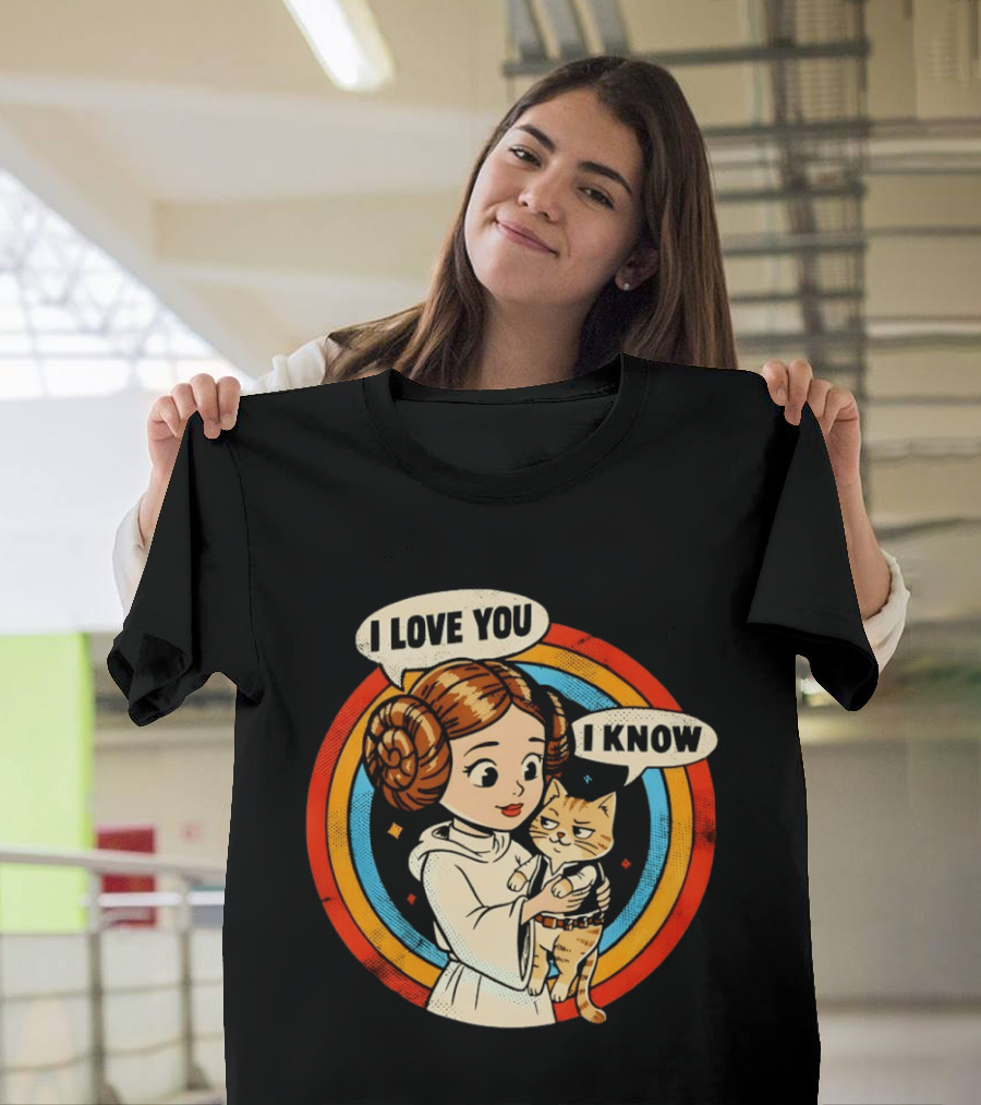 Princess Leia Style Girl Holding Cat I Love You I Know Retro 70s Cartoon T-Shirt