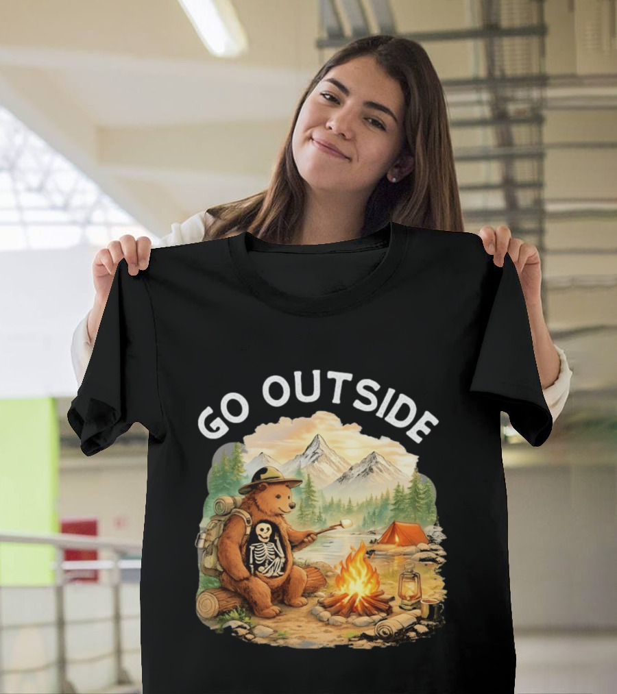 Hiking Bear Campfire Skeleton Inside Bear's Stomach Go Outside T-Shirt