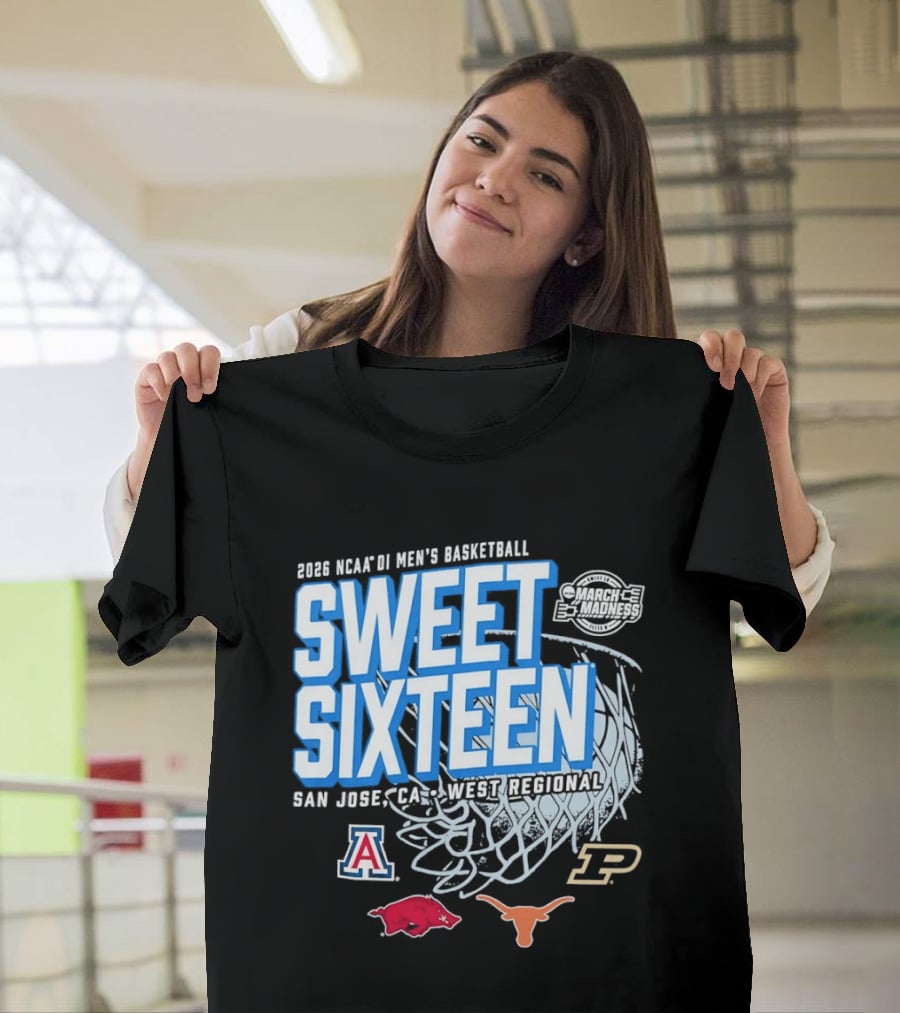 2026 NCAA DI Men's Basketball Sweet Sixteen San Jose West Regional Arizona Arkansas Texas Purdue Logos T-Shirt