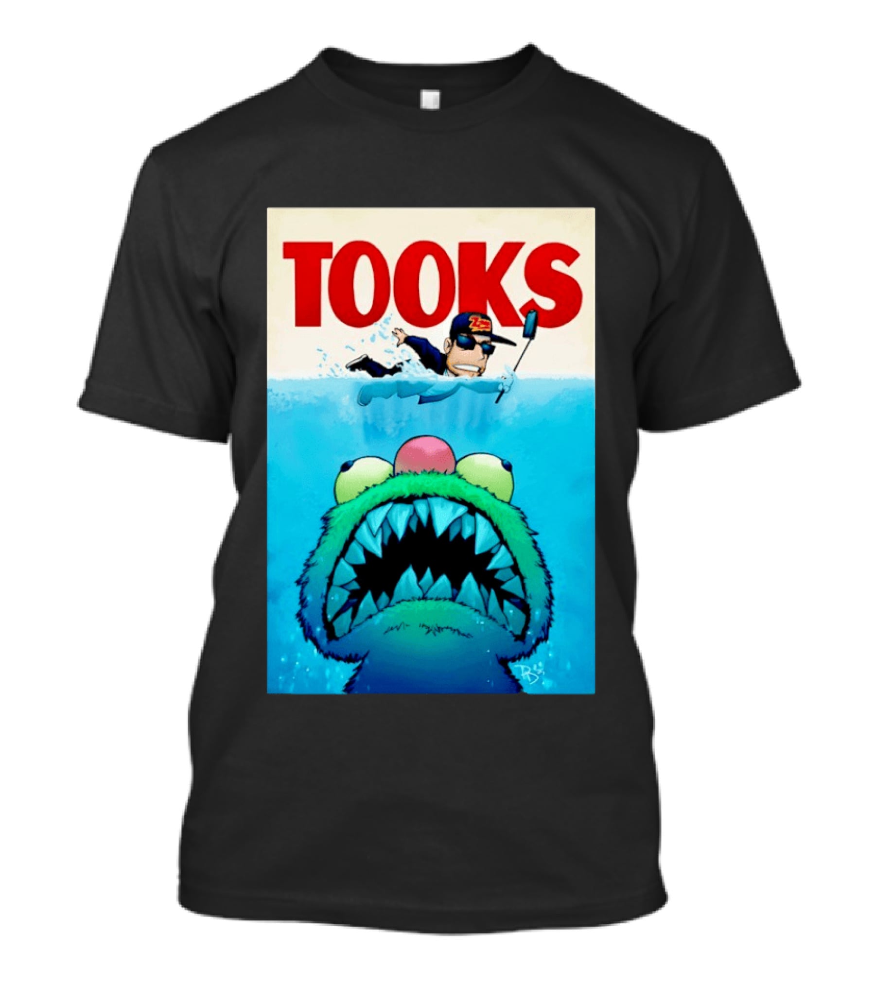 TOOKS Cartoon Giant Monster Inspired By Jaws With Diver And Cap T-Shirt