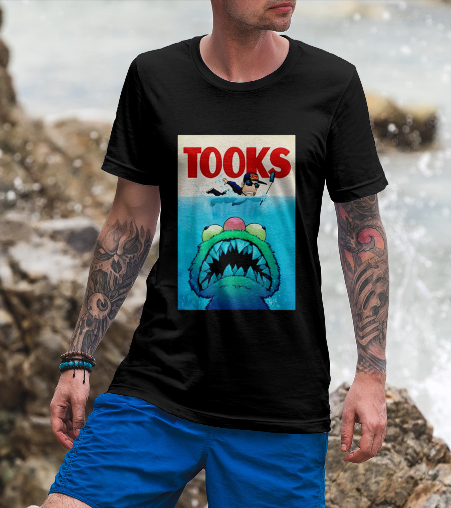 TOOKS Cartoon Giant Monster Inspired By Jaws With Diver And Cap T-Shirt