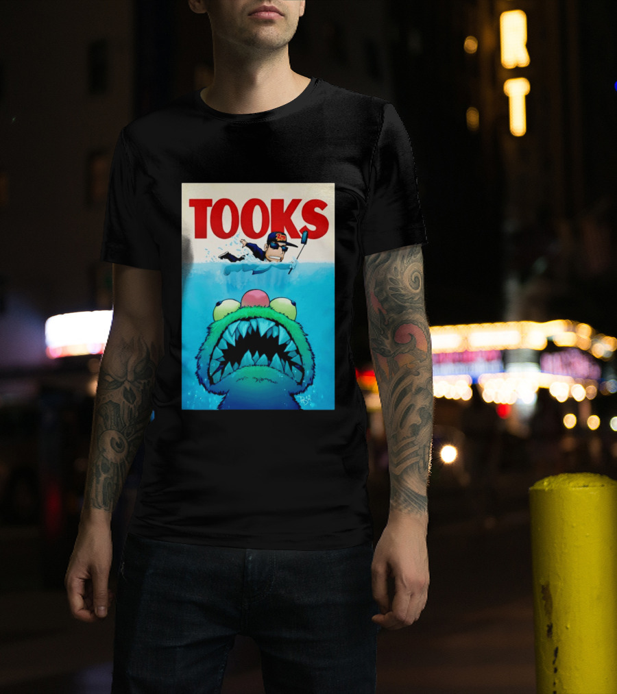 TOOKS Cartoon Giant Monster Inspired By Jaws With Diver And Cap T-Shirt