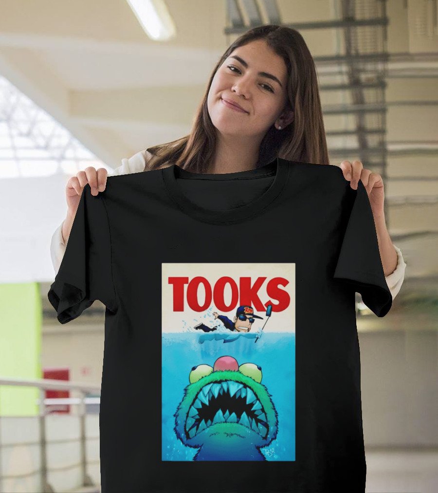 TOOKS Cartoon Giant Monster Inspired By Jaws With Diver And Cap T-Shirt