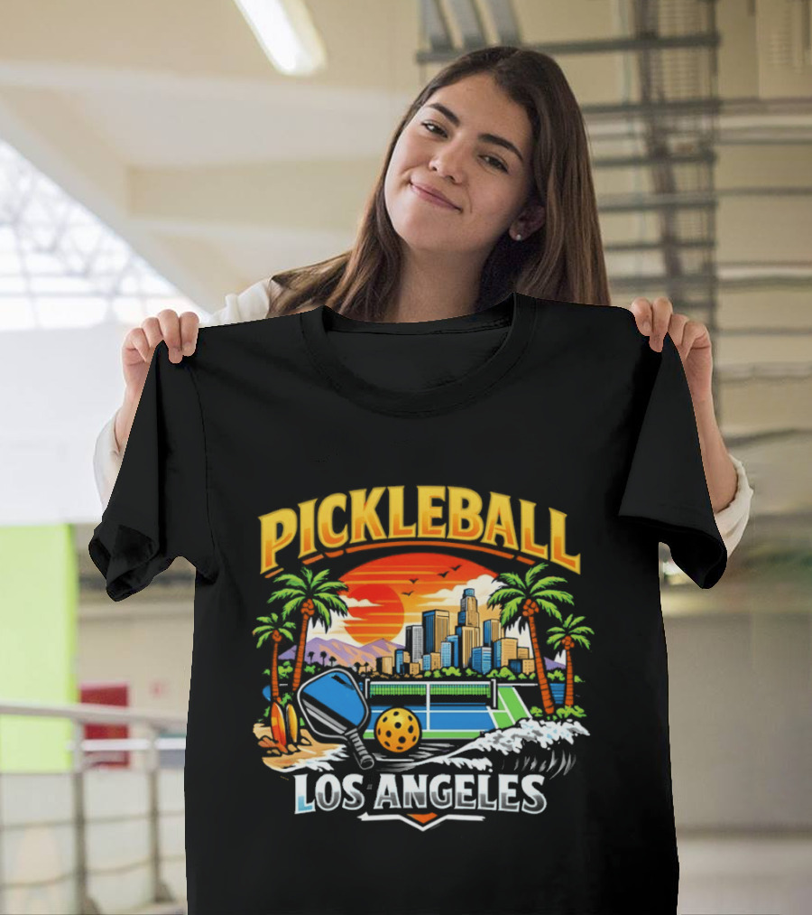 Los Angeles Pickleball City Skyline Sunset Palm Trees T-Shirt