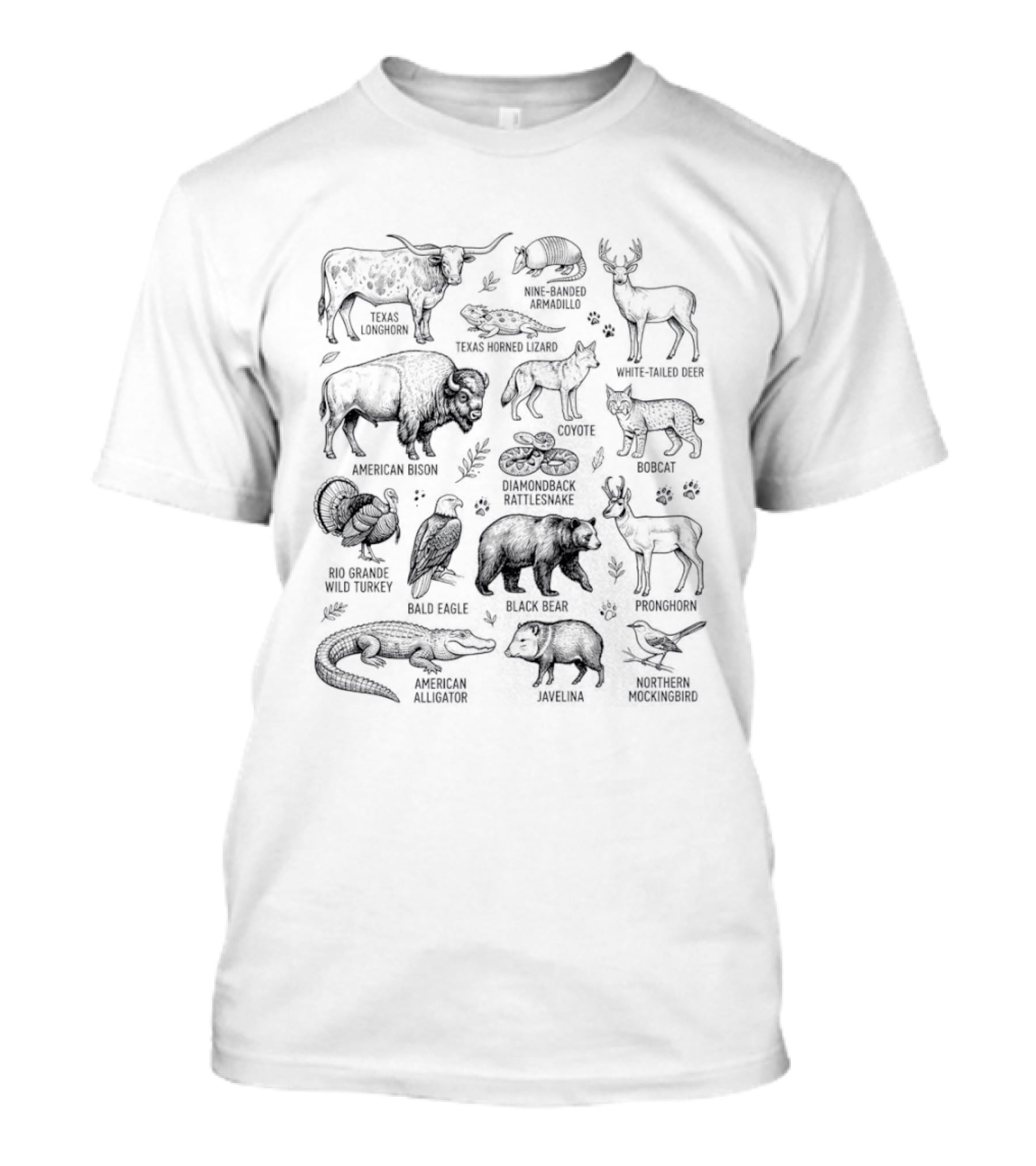 Texas Wildlife Guide Longhorn Armadillo Bison Deer Bobcat Turkey Vulture Rattlesnake Alligator T-Shirt