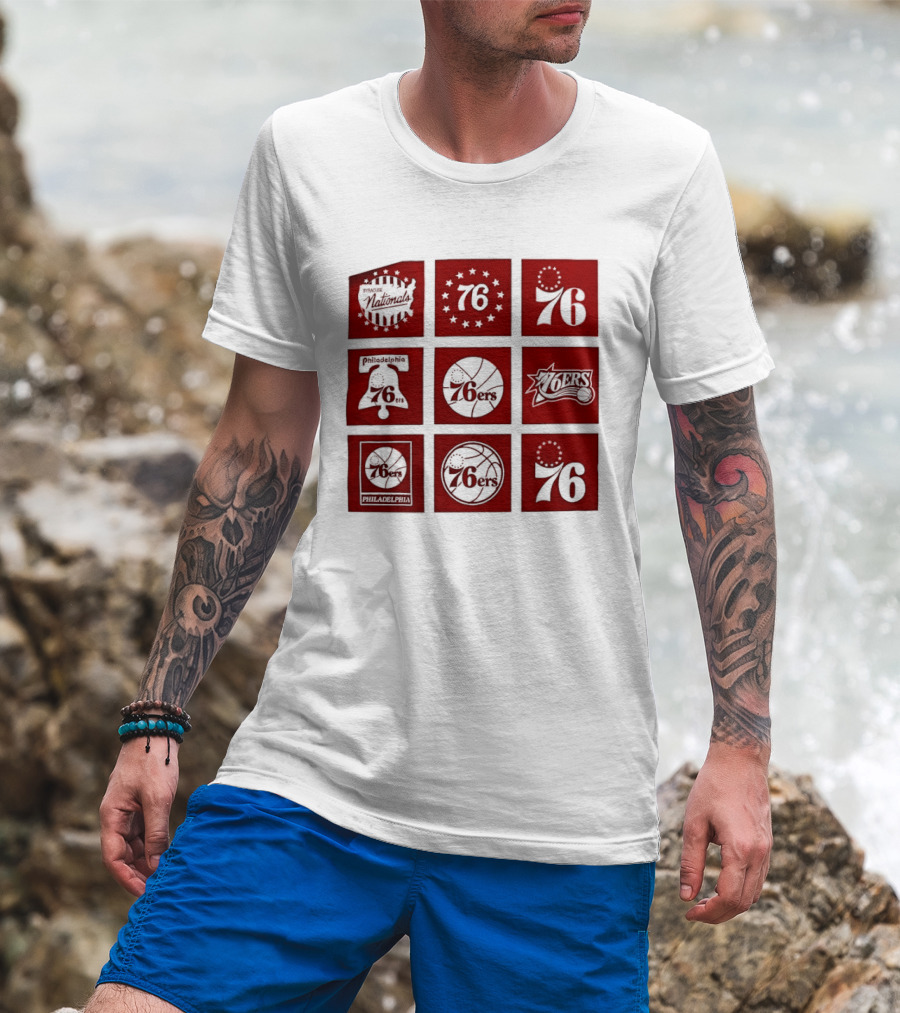 Philadelphia 76ers NBA Team Retro Icons And Number 76 Basketball Squares T-Shirt