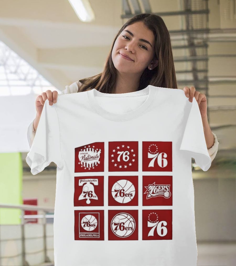 Philadelphia 76ers NBA Team Retro Icons And Number 76 Basketball Squares T-Shirt