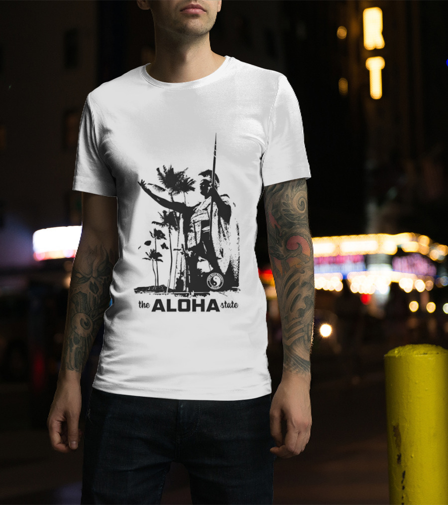 The Aloha State Ka Black White Hawaiian King Statue Palms T-Shirt