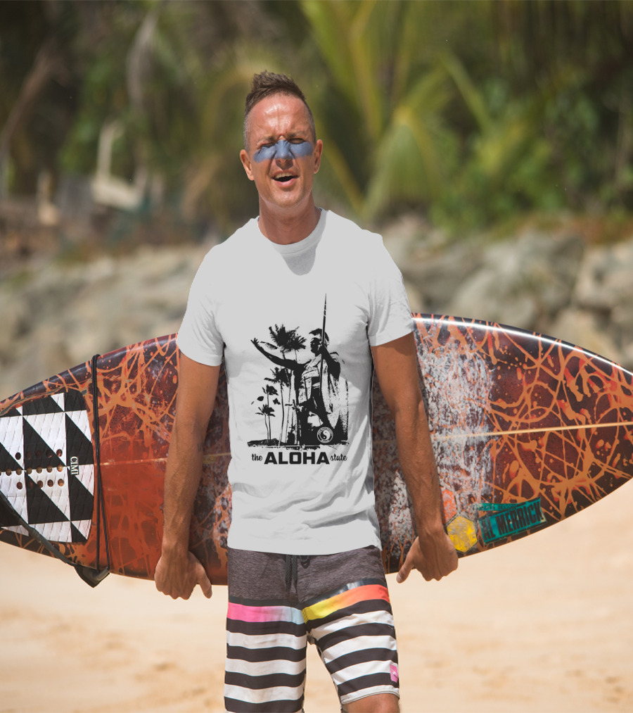 The Aloha State Ka Black White Hawaiian King Statue Palms T-Shirt