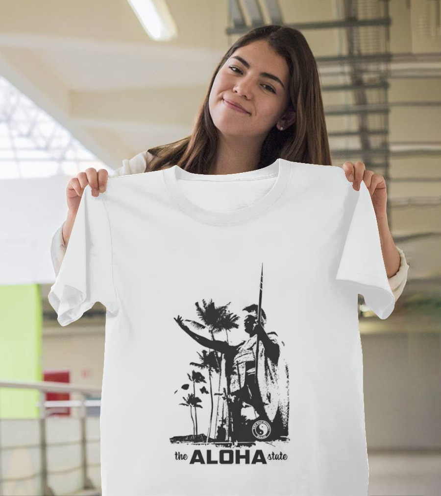 The Aloha State Ka Black White Hawaiian King Statue Palms T-Shirt