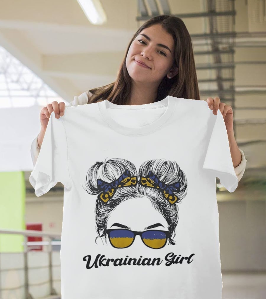 Ukrainian Girl With Flag Colors Hair Bow And Sunglasses T-Shirt