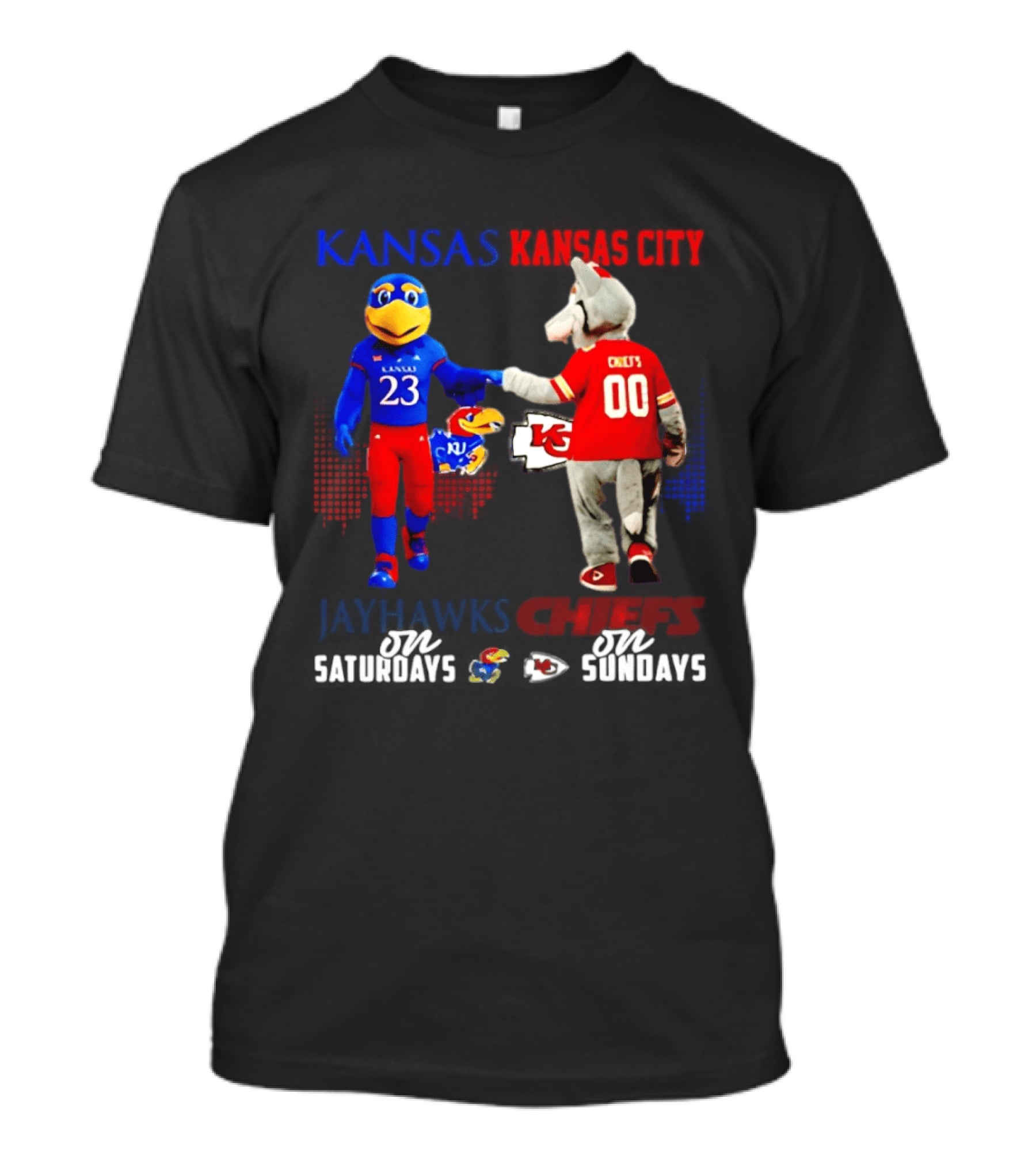 Kansas Jayhawks And Kansas City Chiefs Mascots Fist Bump 23 Vs 00 T-Shirt