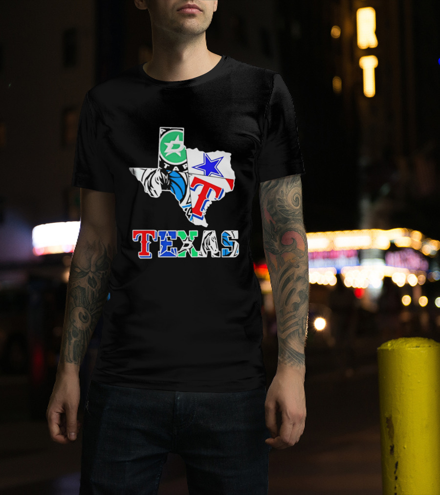 Texas Dallas Stars Mavericks Cowboys Rangers Sports Map T-Shirt