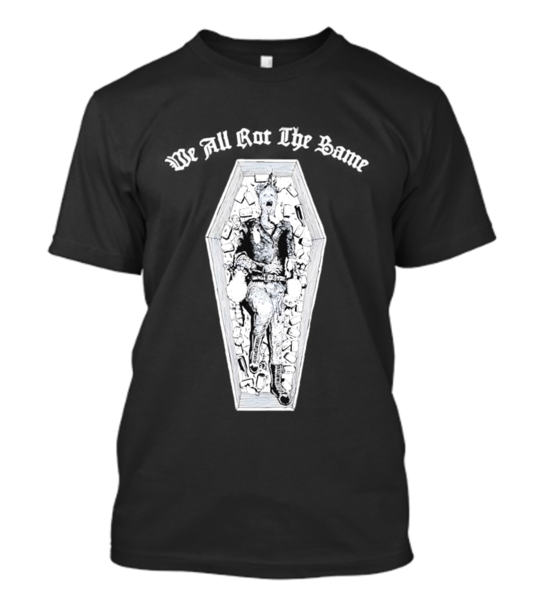 We All Rot The Same Coffin Punk Rock Skeleton Motif T-Shirt