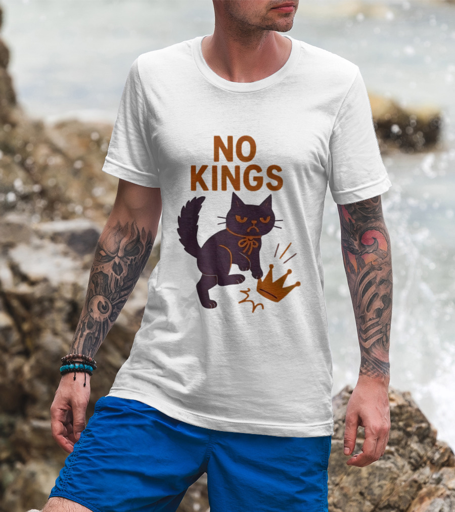 No Kings Black Cat Kicking Crown T-Shirt