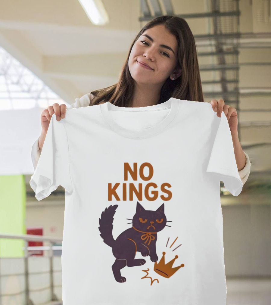 No Kings Black Cat Kicking Crown T-Shirt