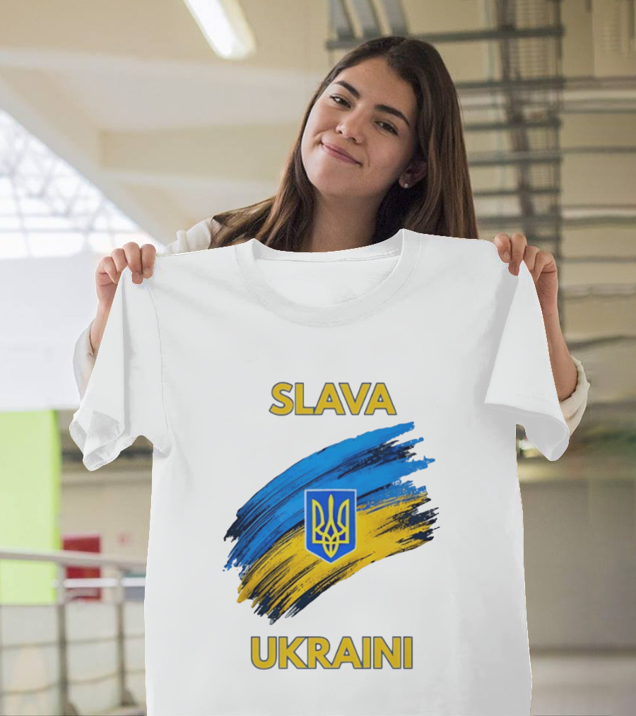 Slava Ukraini Emblem With Blue And Yellow Brush Strokes T-Shirt