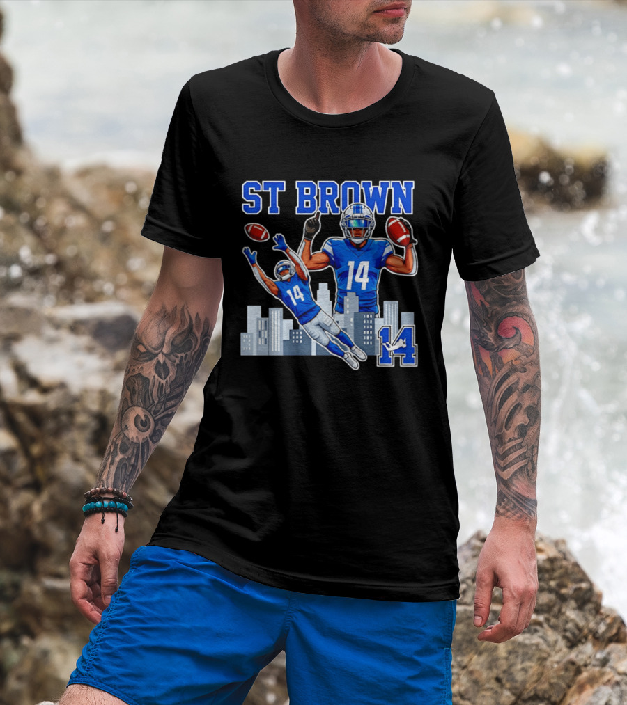 ST Brown 14 Detroit Lions Football City Skyline T-Shirt