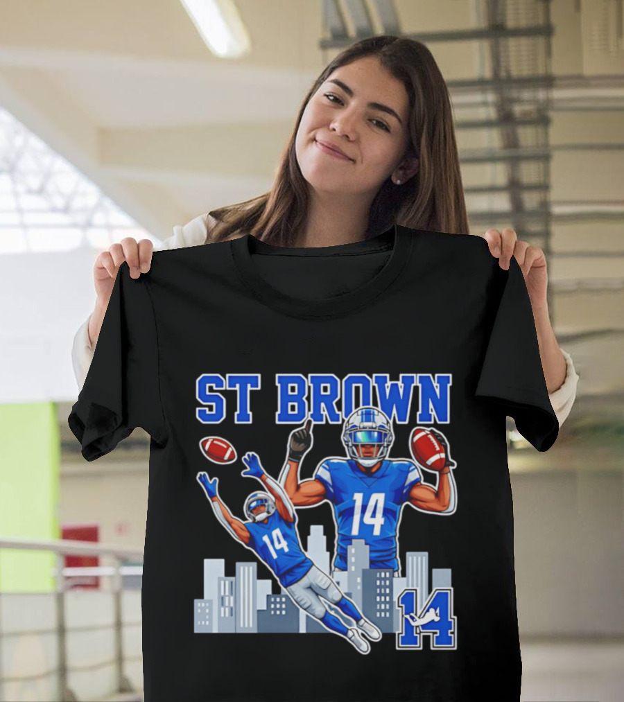 ST Brown 14 Detroit Lions Football City Skyline T-Shirt