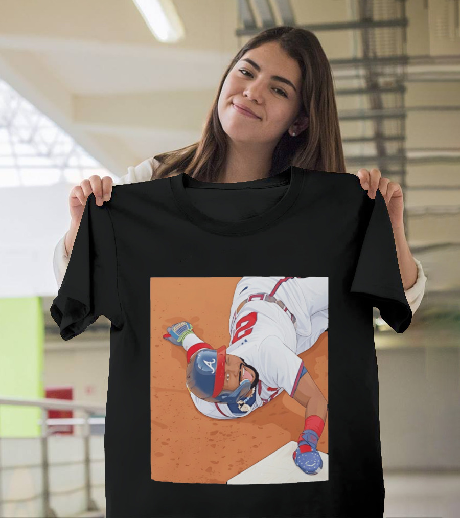 Ronald Acuna Jr Atlanta Braves Outfielder Sliding Baseball Action T-Shirt