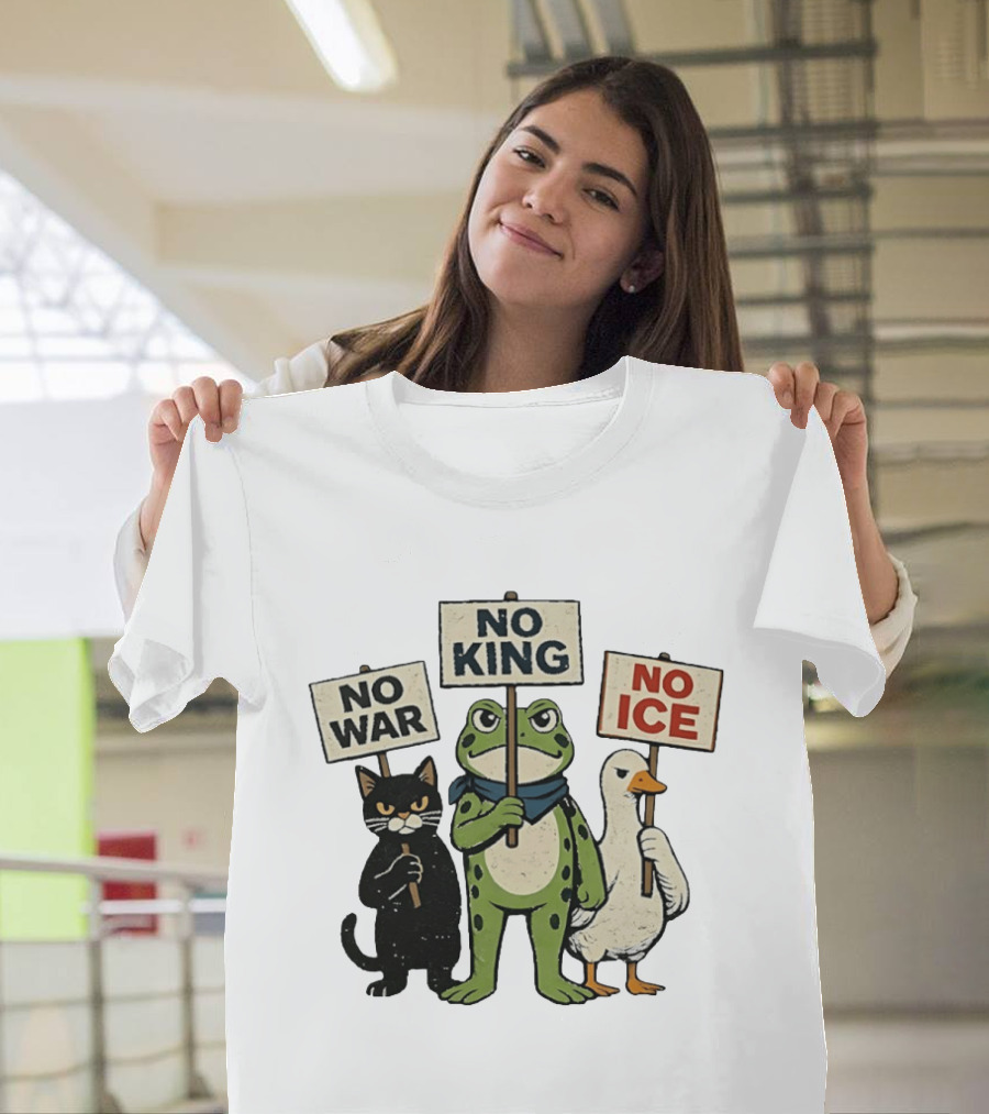 Black Cat Holing No War Frog Holding No King And Goose Holding No ICE Sign T-Shirt