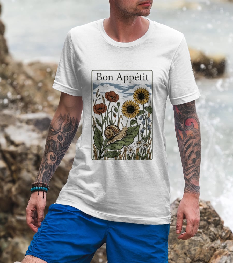 Bon Appétit Floral Snail Sunflowers And Poppies T-Shirt