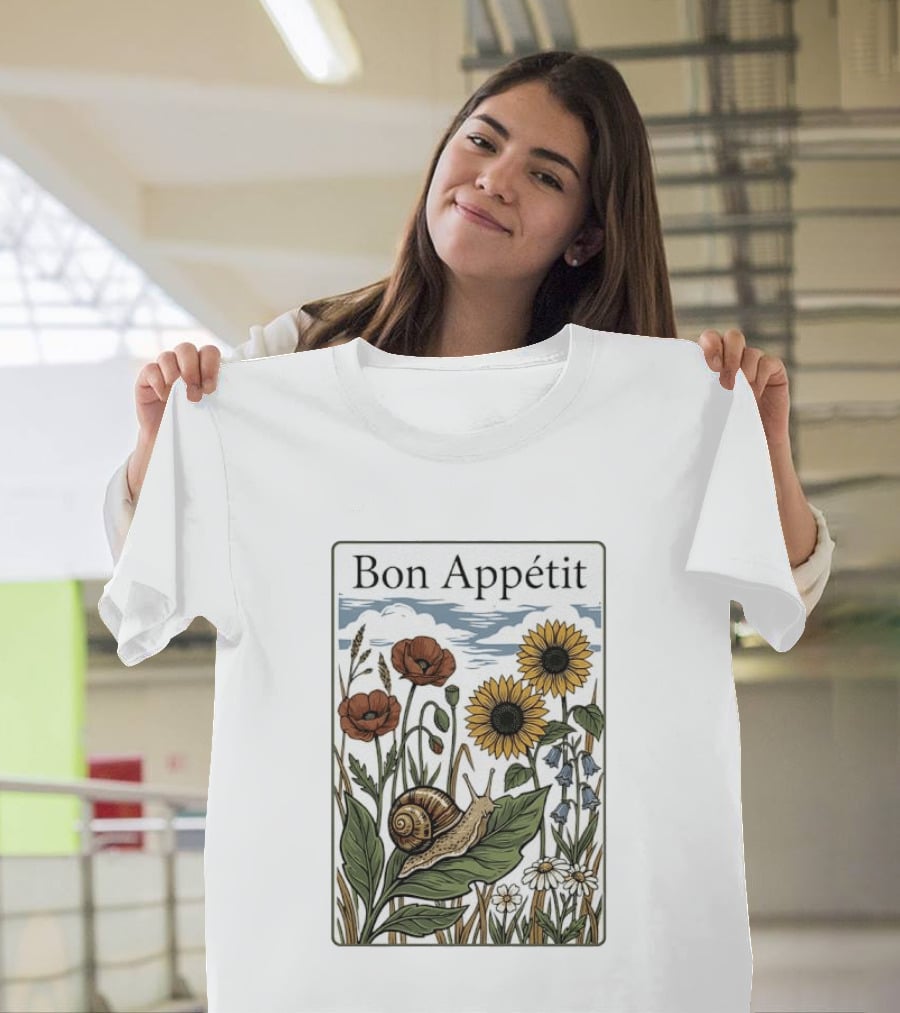 Bon Appétit Floral Snail Sunflowers And Poppies T-Shirt