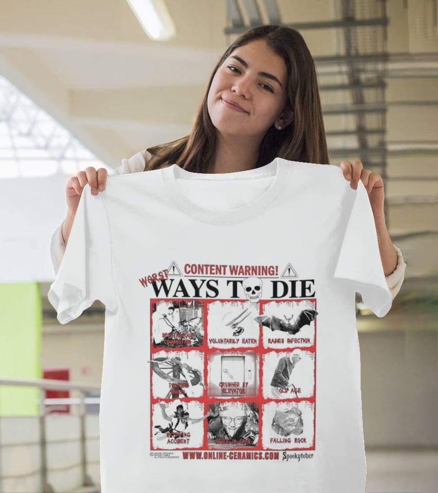 Content Warning Worst Ways To Die Shark Attack Volcano Disaster Truck Simulator Zombies Stuck In Cave Plane Crashed Nuclear Explosion T-Shirt