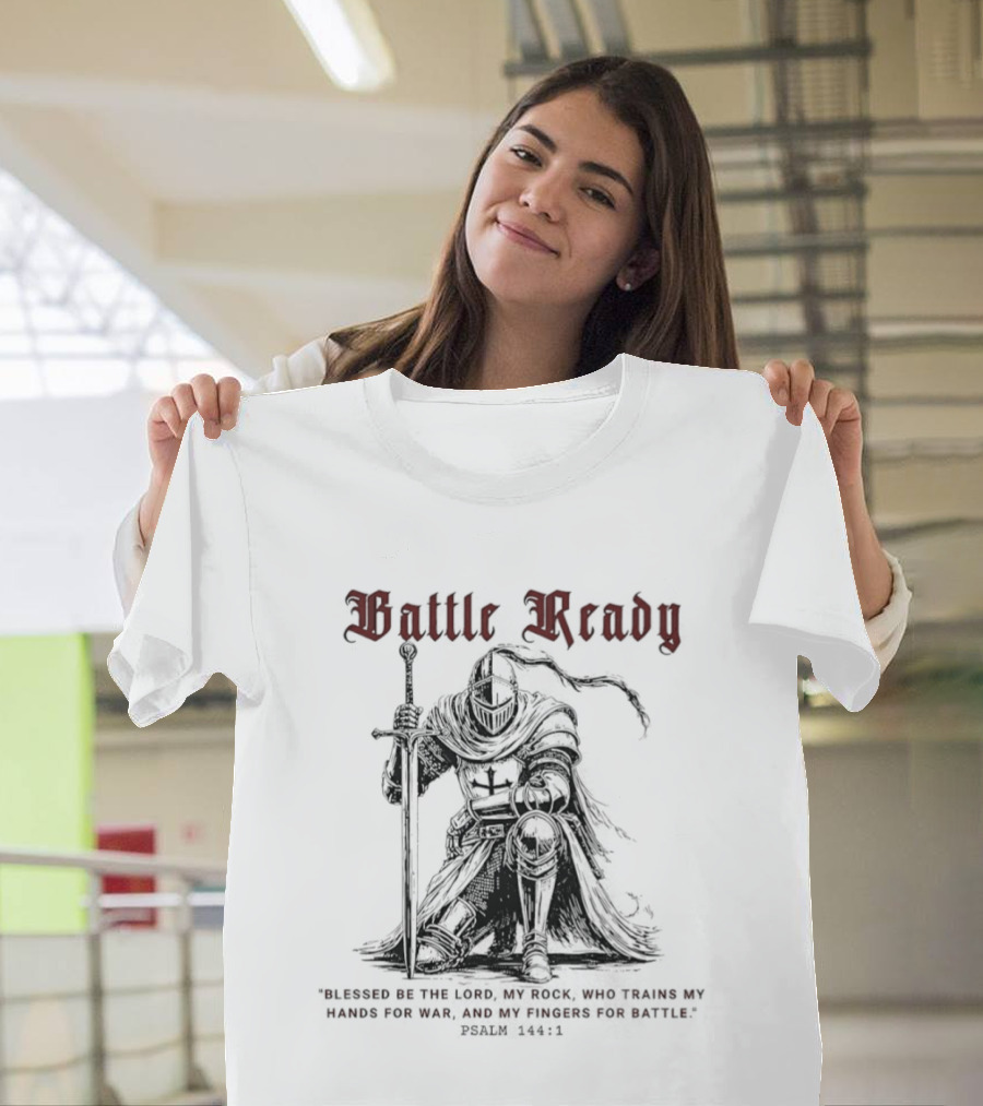 Battle Ready Medieval Knight Kneeling Blessed Be The Lord My Rock Psalm 144 1 T-Shirt