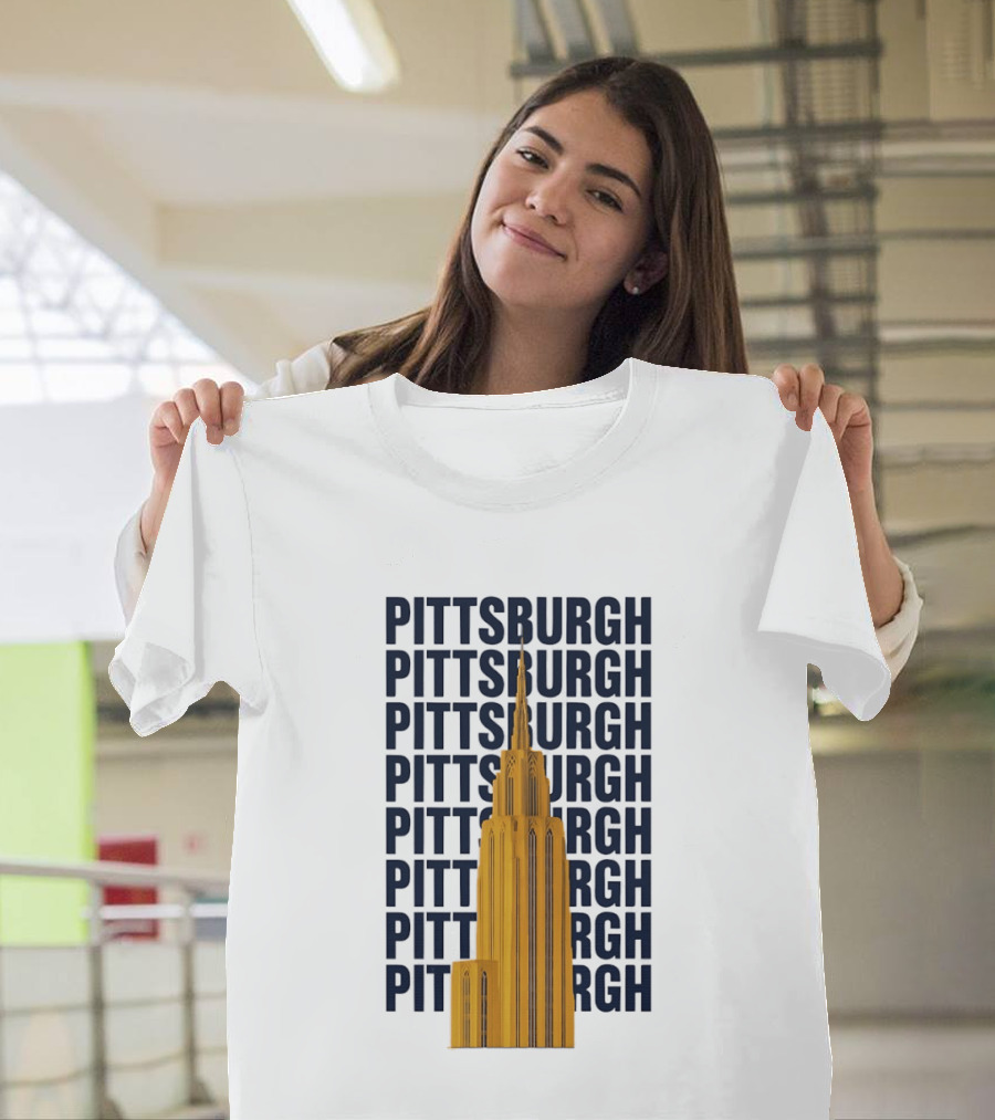 Pittsburgh Golden Tower Repeated Text Cityscape T-Shirt