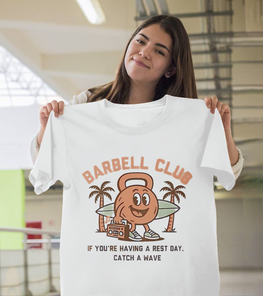 Barbell Club Rest Day Catch A Wave Surfing Palms Retro Kettlebell T-Shirt