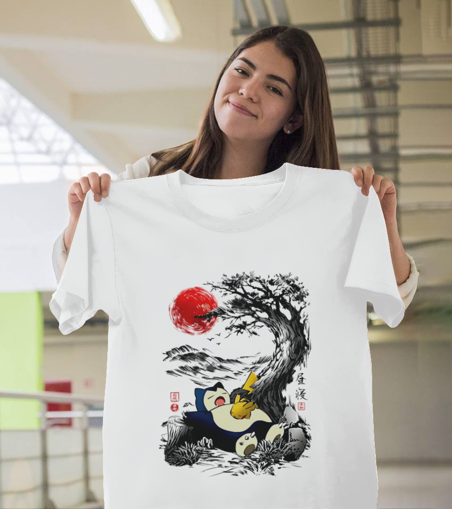 Snorlax Pikachu Napping Under Red Sun Tree T-Shirt