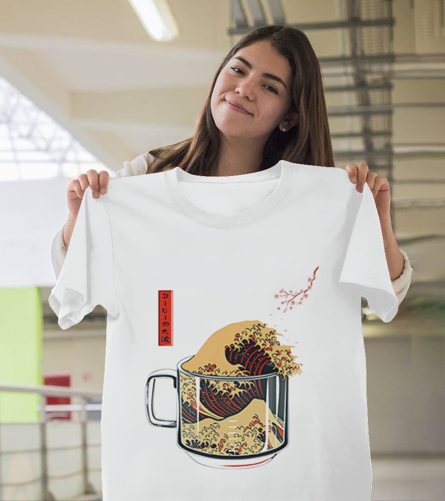 The Great Wave Of Coffee In A Cup With Japanese T-Shirt