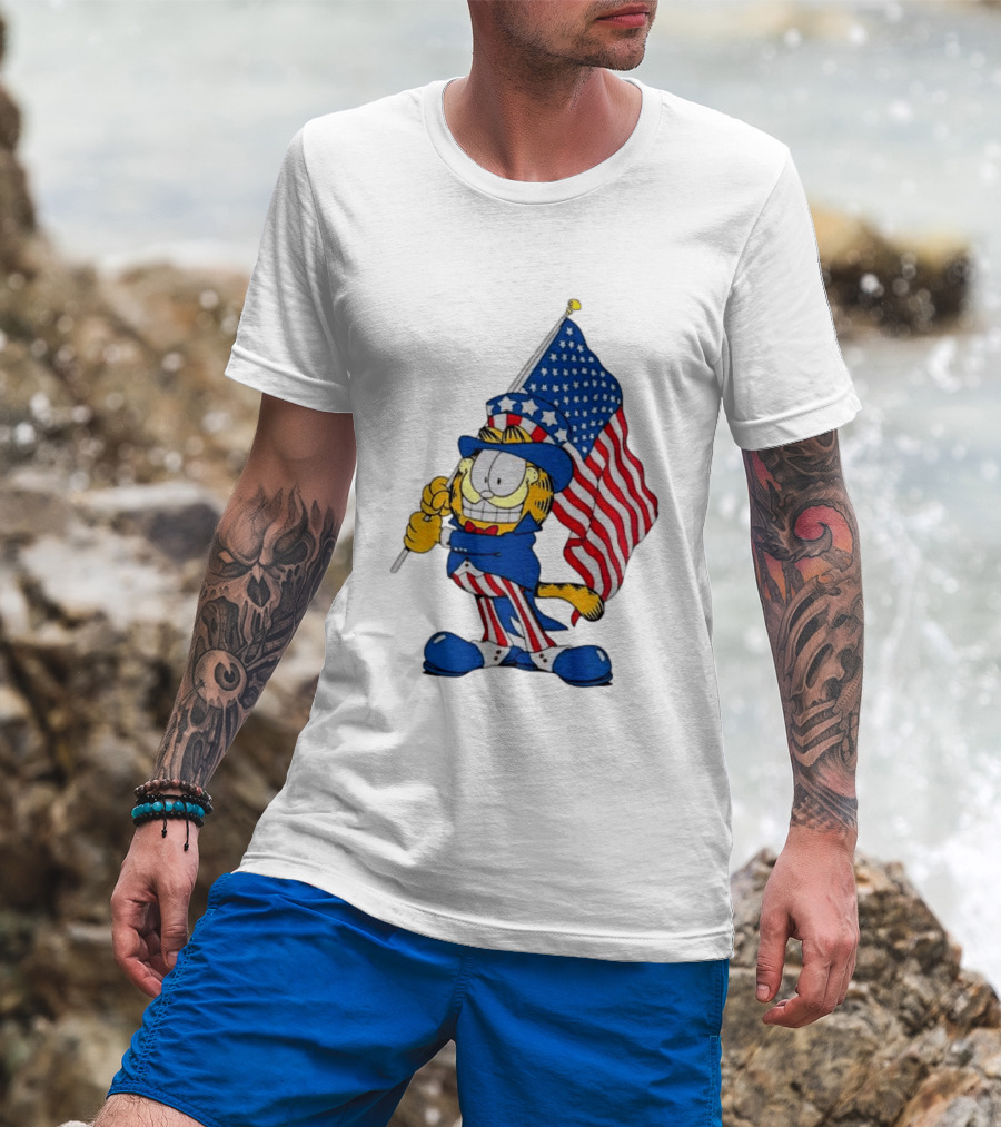 Orange Cat 250 Years Of Freedom Garfield Uncle Sam American Flag T-Shirt