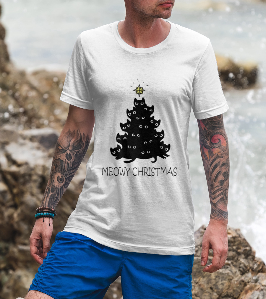 Black Cat Pine Tree Shape Meowy Christmas Star T-Shirt
