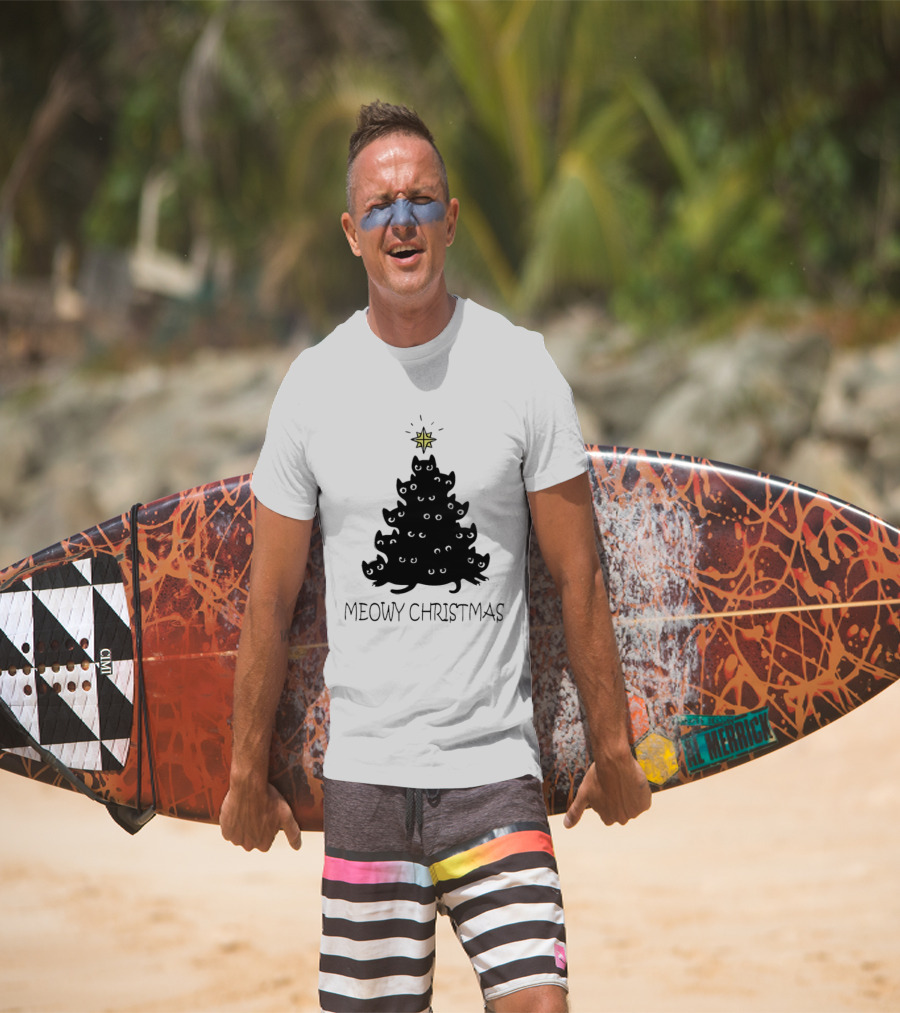 Black Cat Pine Tree Shape Meowy Christmas Star T-Shirt