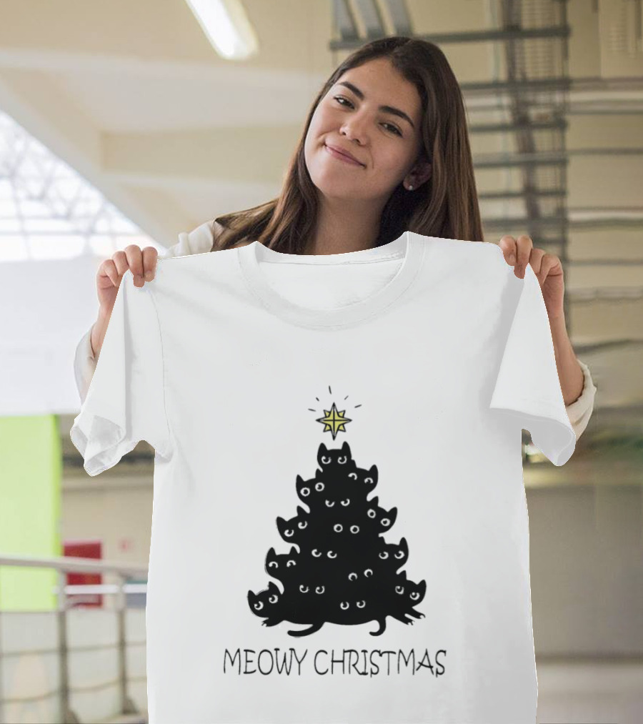 Black Cat Pine Tree Shape Meowy Christmas Star T-Shirt