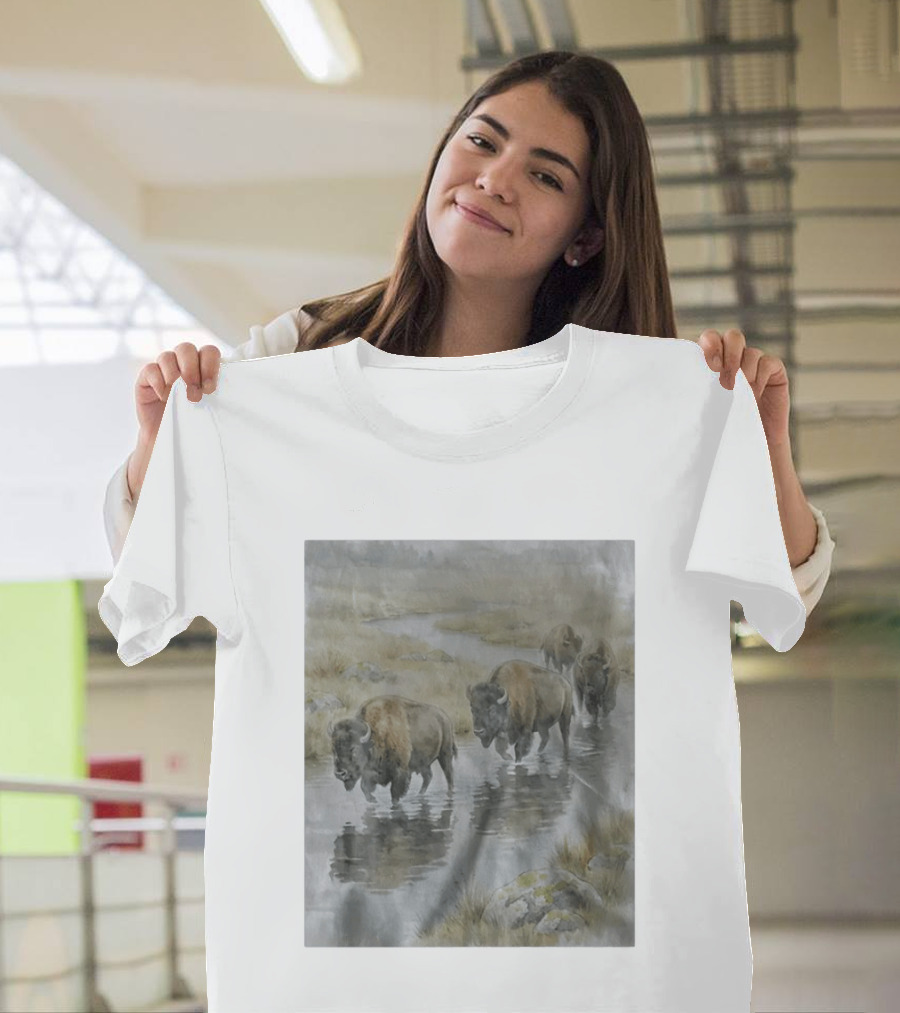 Bison Herd Crossing River On Prairie Landscape Scene T-Shirt