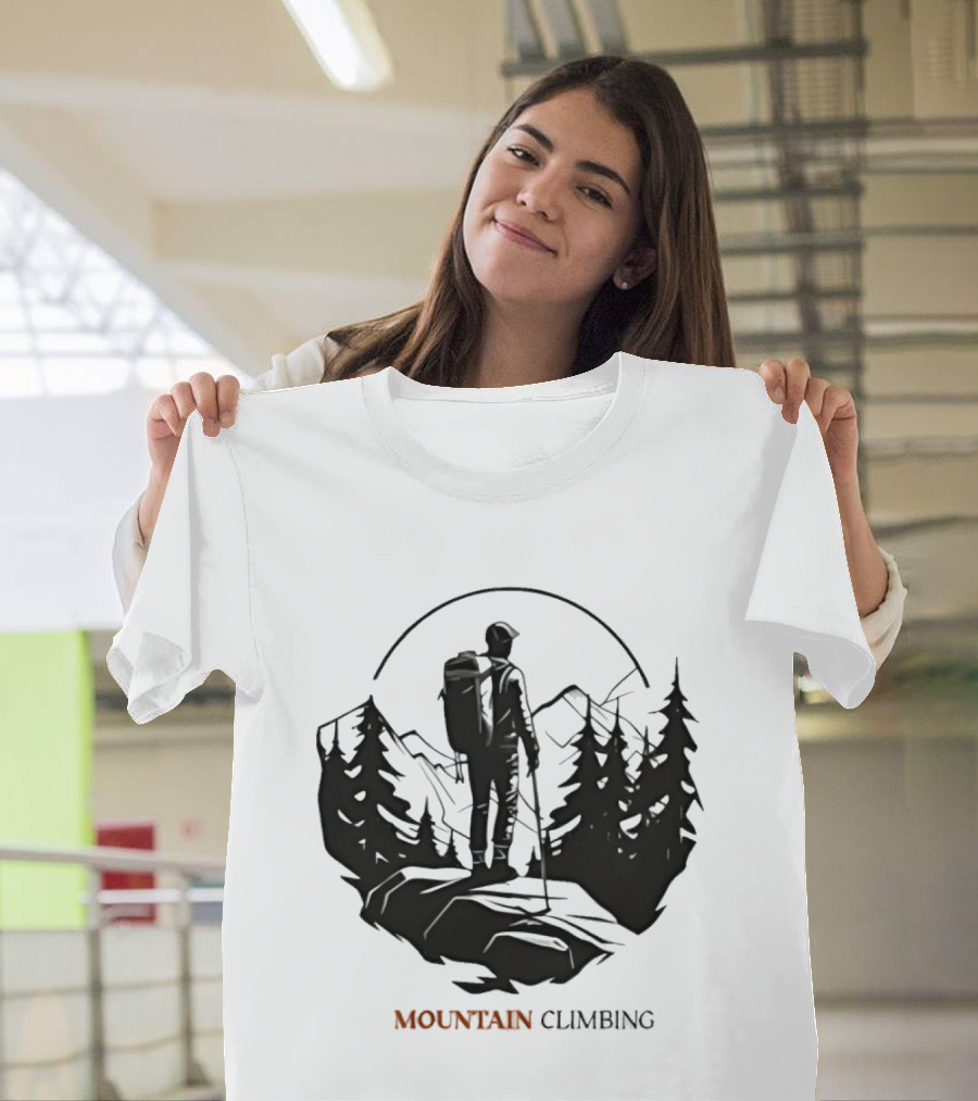 Mountain Climbing Adventure Climber On Cliff Overlooking Mountain And Forest T-Shirt