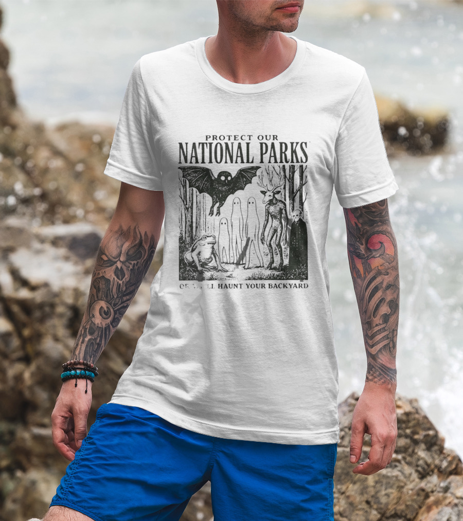 Protect Our National Parks Mothman Bigfoot Ghost Deer Cryptid Horror Characters T-Shirt